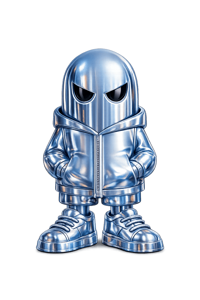 Mascotte BAGPUB — robot chrome tech-wear holographique